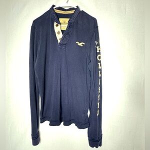 Vintage Hollister Mens Y2K Long Sleeve Navy Henley Shirt L Logo Graphic Preppy
